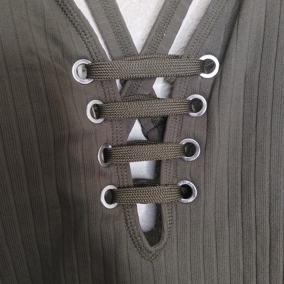 Seafolly Inka Rib Lace Up Maillot One Piece Swimsuit Dark Olive Women's US 12 - Picture 3 of 8